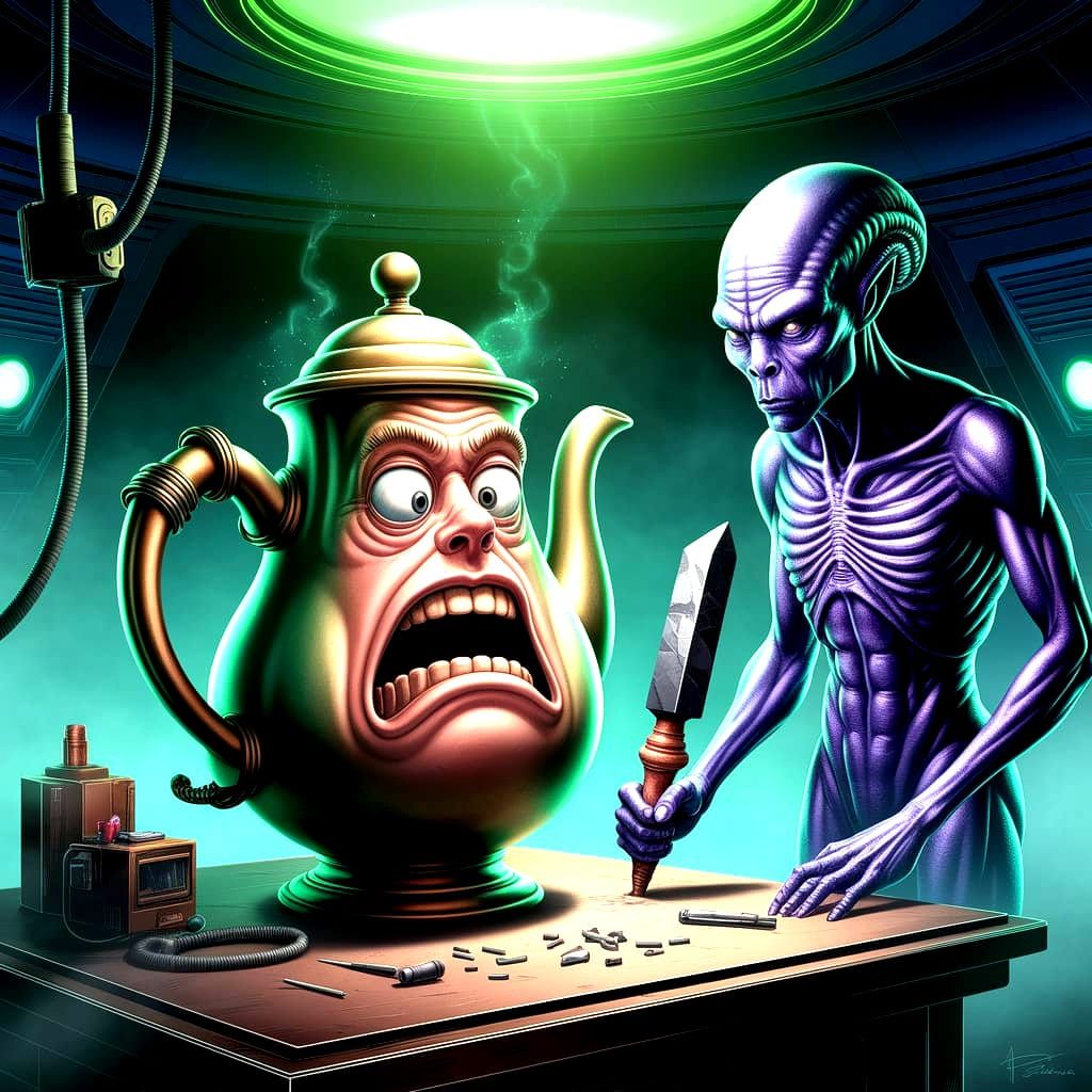 Terrified Teapot Abduction in Surreal Alien Spaceship