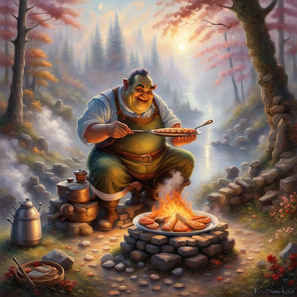 Ogre Baking Pie Over Campfire in Ethereal Style