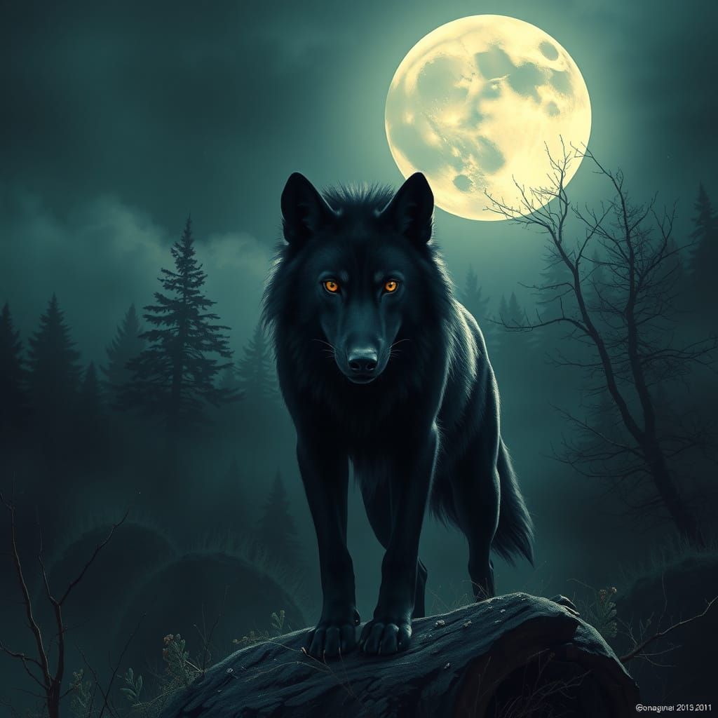 Hyperrealistic Black Wolf: Death Incarnate in Gothic Forest