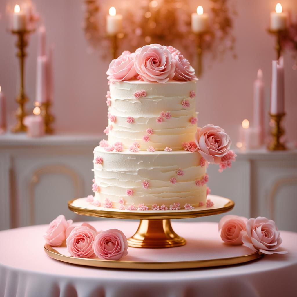 Elegant Wedding Cake with Pink Frosting Flowers