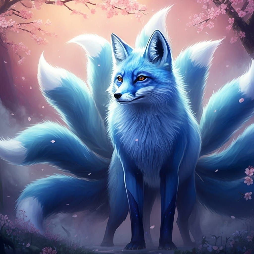 Majestic Blue Kitsune with Sakura Backdrop