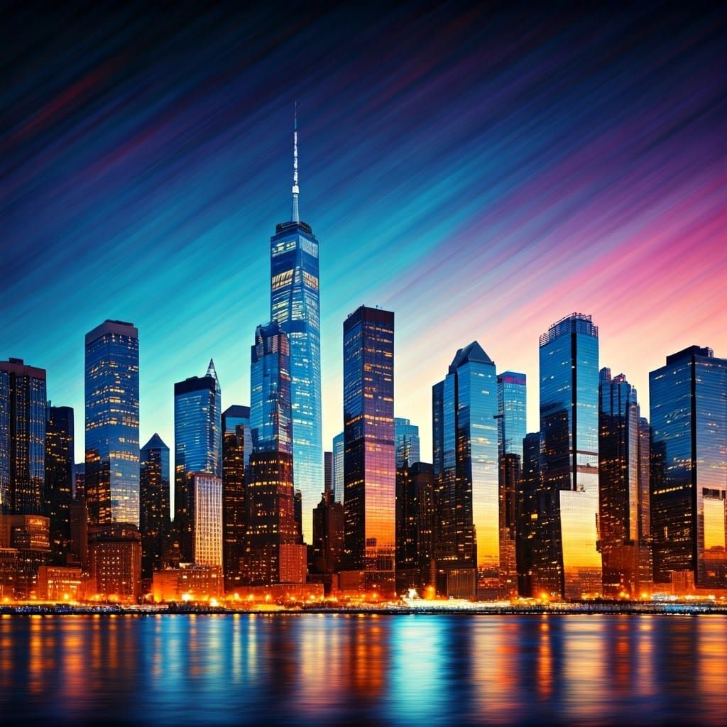 Vibrant New York City Night Skyline in Expressive Abstract A...