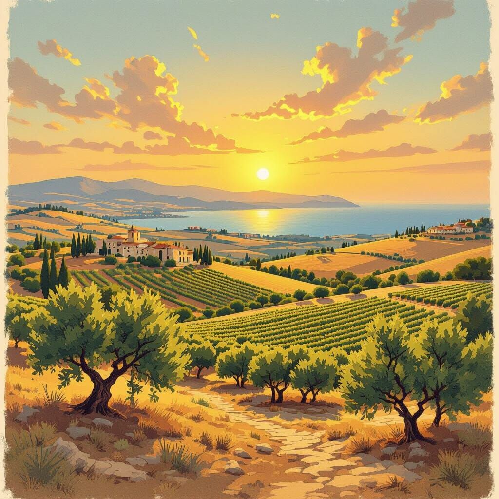 Israeli Landscape in Golden Hour, Vintage Poster Style