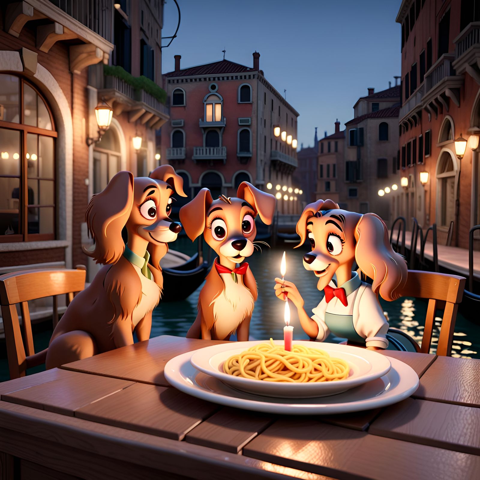 Lady and the tramp candle light diner Venice they both chew the same noodle ,real detailed textures ,splintery wood...