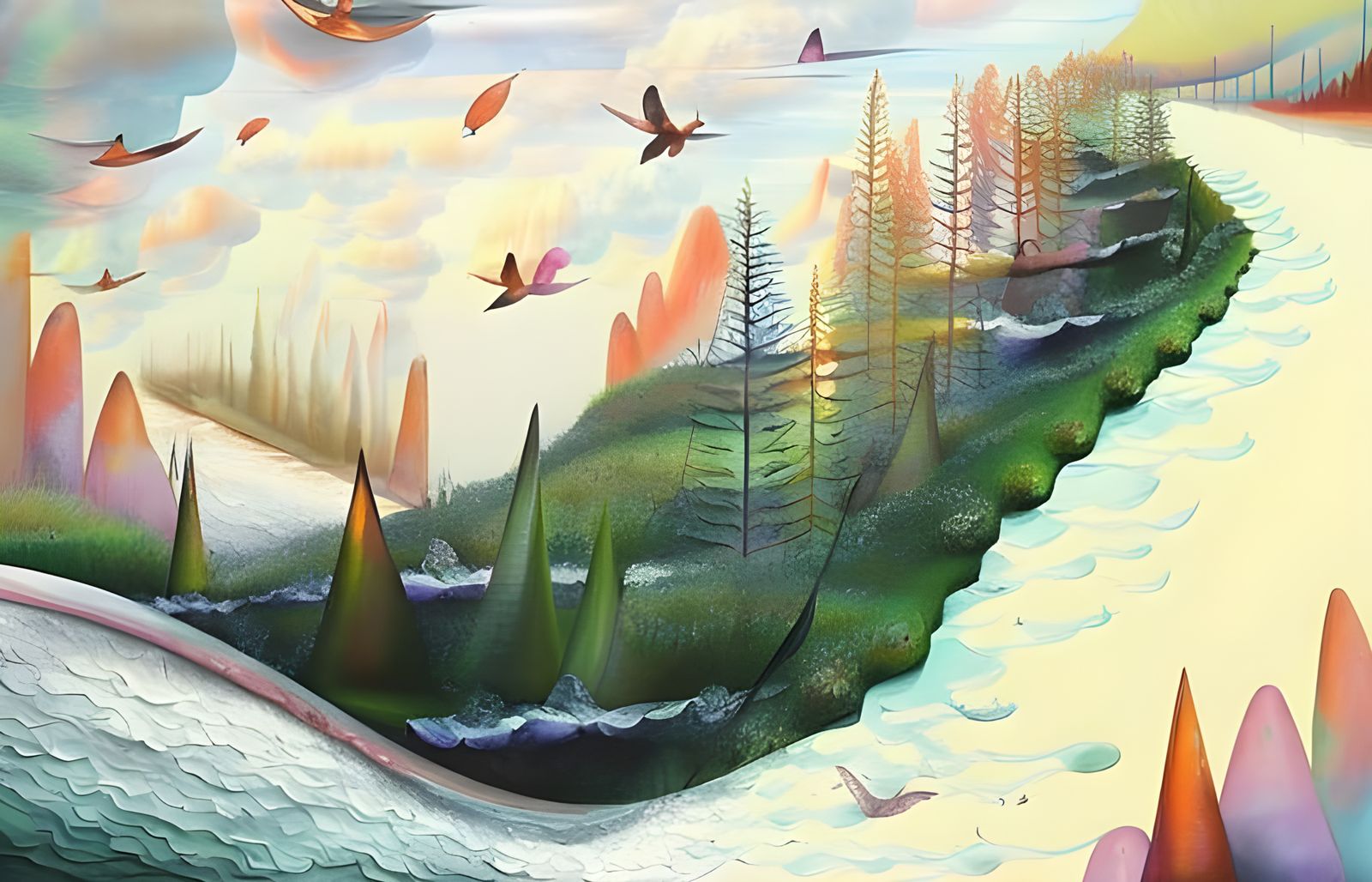 Flying River in Surreal Landscape, Watercolor Style