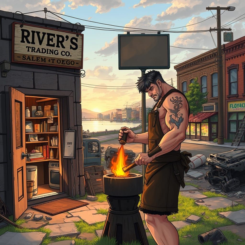 Blacksmith at River's Edge Trading Co. in Post-Apocalyptic S...