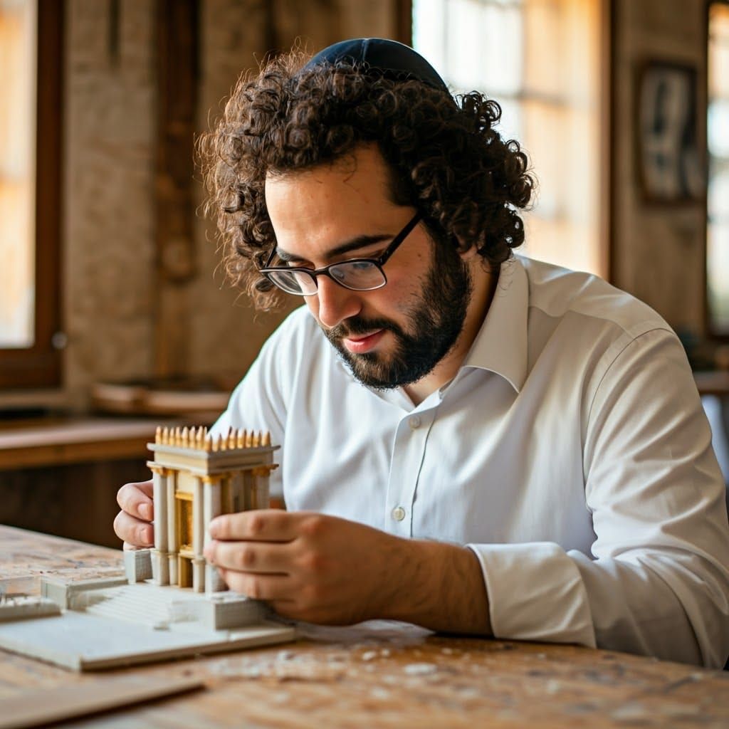 Orthodox Jewish Man Crafts Temple Models in Workshop