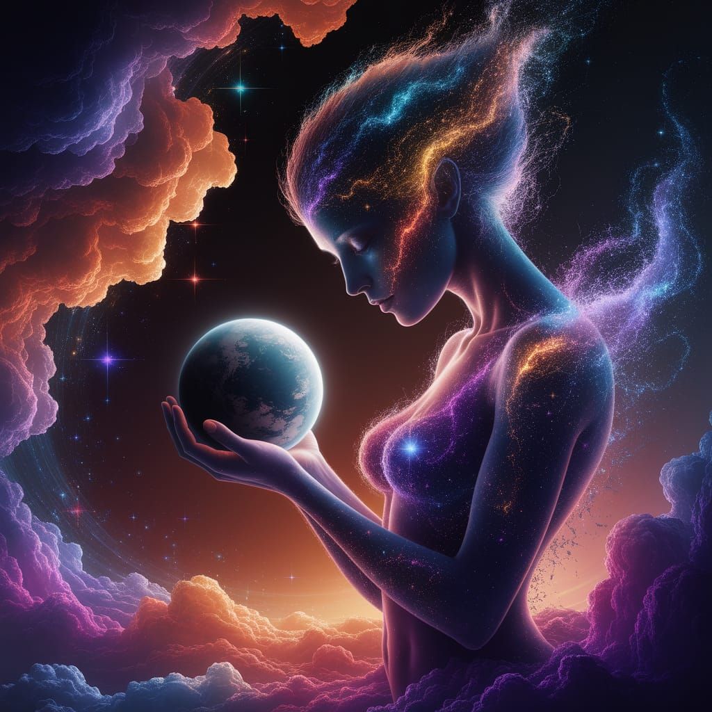 Celestial Being Cradles Planet in Cosmic Art