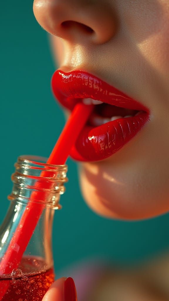 Sensual Close-Up: Woman Sipping Soda, Hyperrealistic Masterp...
