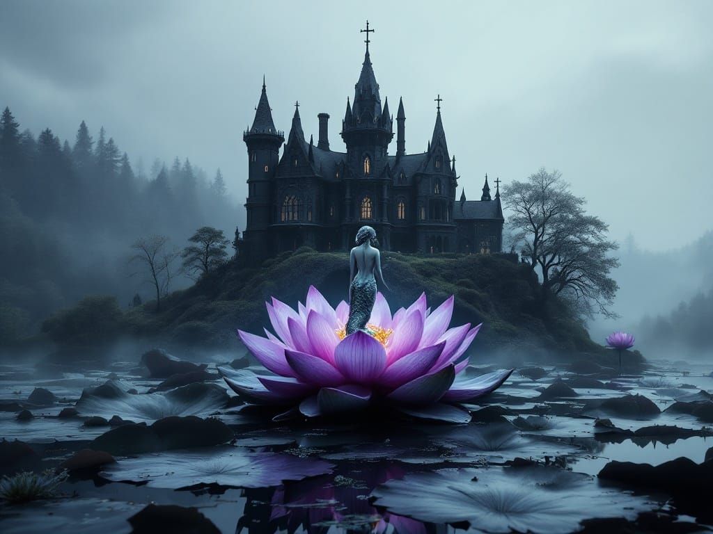 Gothic Mansion and Lotus Flower in 8K Resolution