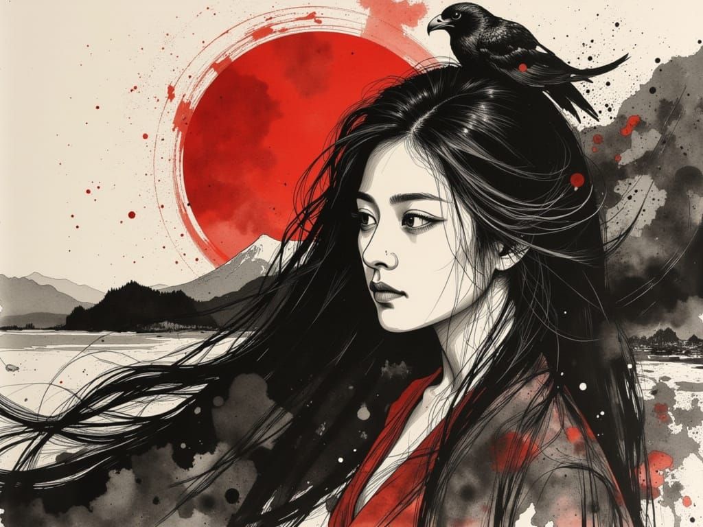 Samurai Training with Falcon in Dynamic Sumi-e Art