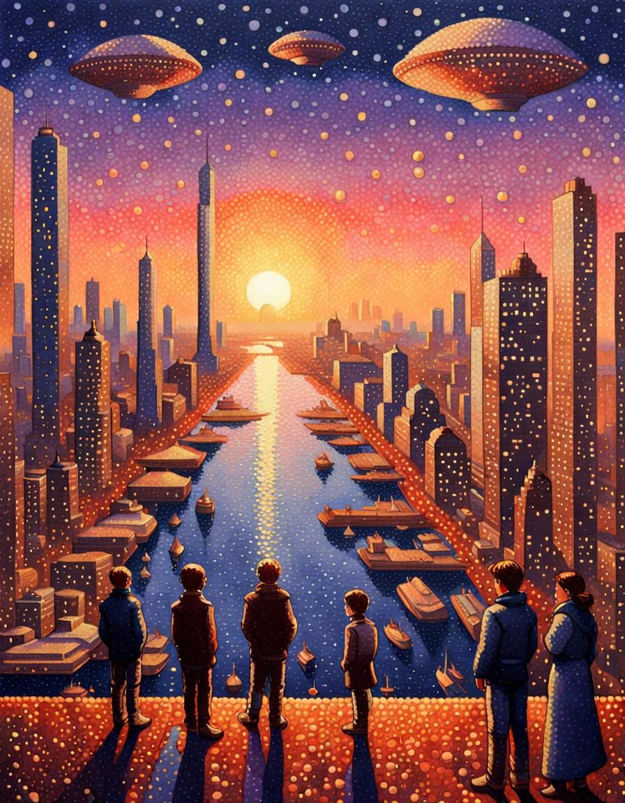 Futuristic Cityscape in Pointillism Style