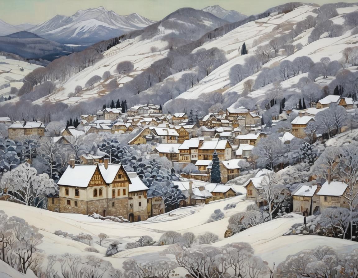 Ethereal Alpine Winter Scene in Intricate Medieval Style