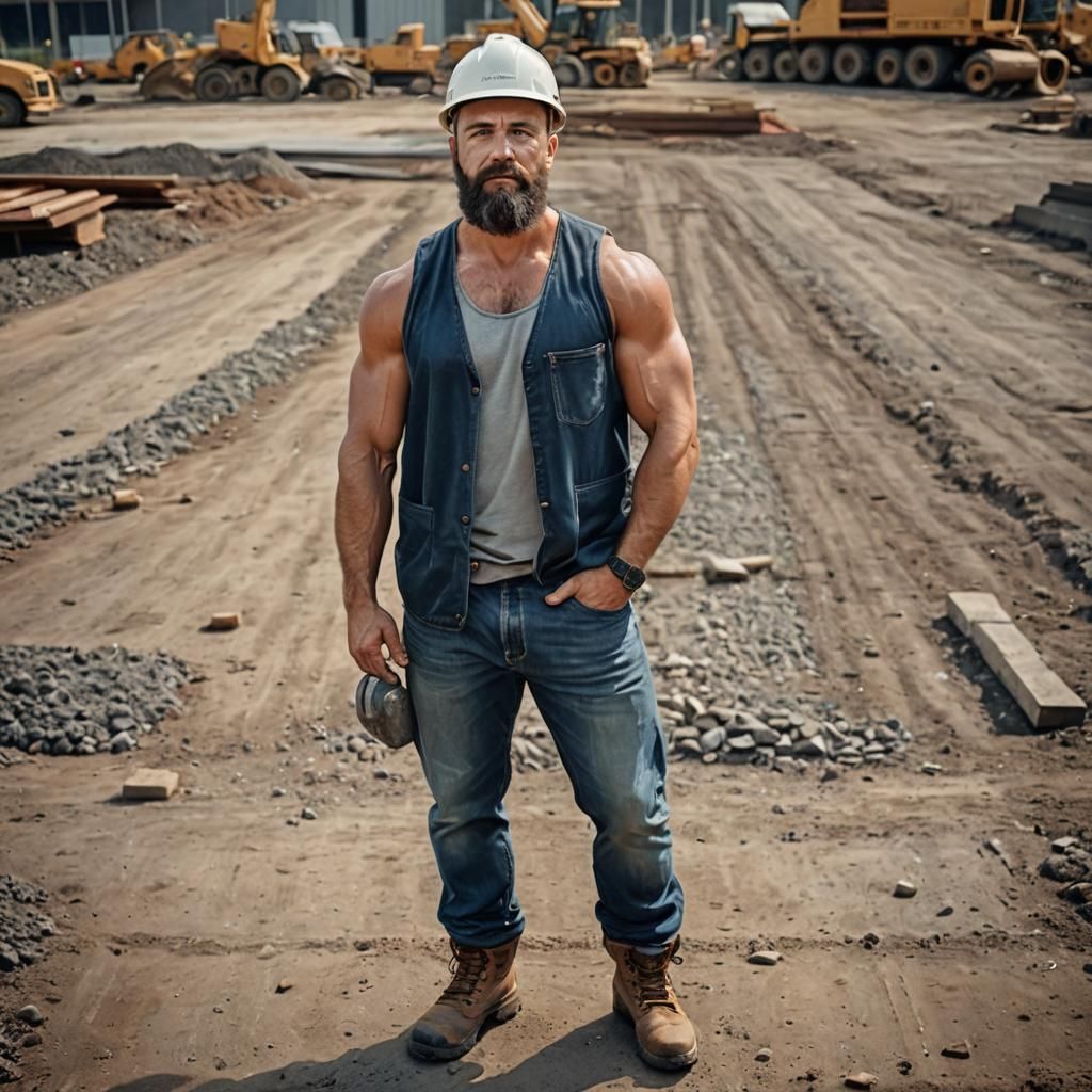 Engineer in Jeans and Work Boots on Construction Site