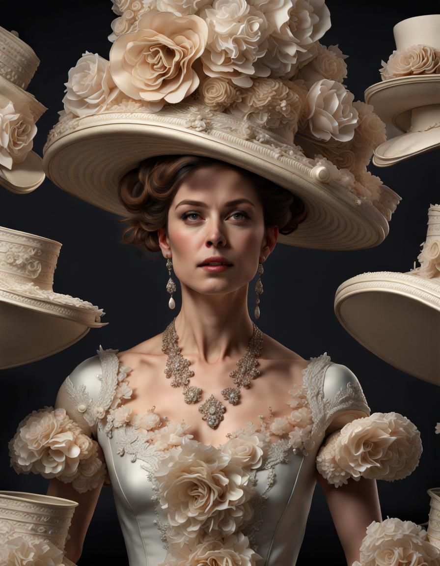 Woman's Hyperrealistic Portrait with Tower of Hats