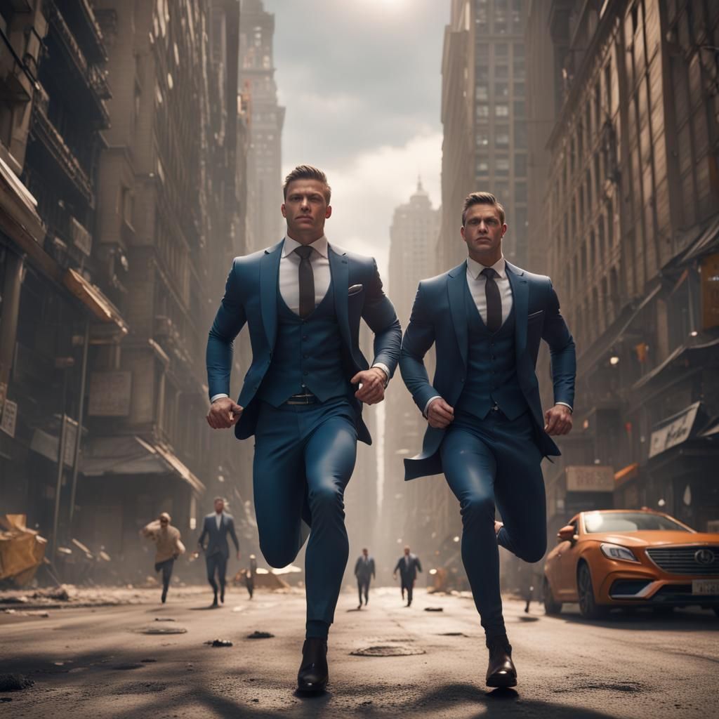 Handsome Men in Suits Chase Scene, Realistic 4K