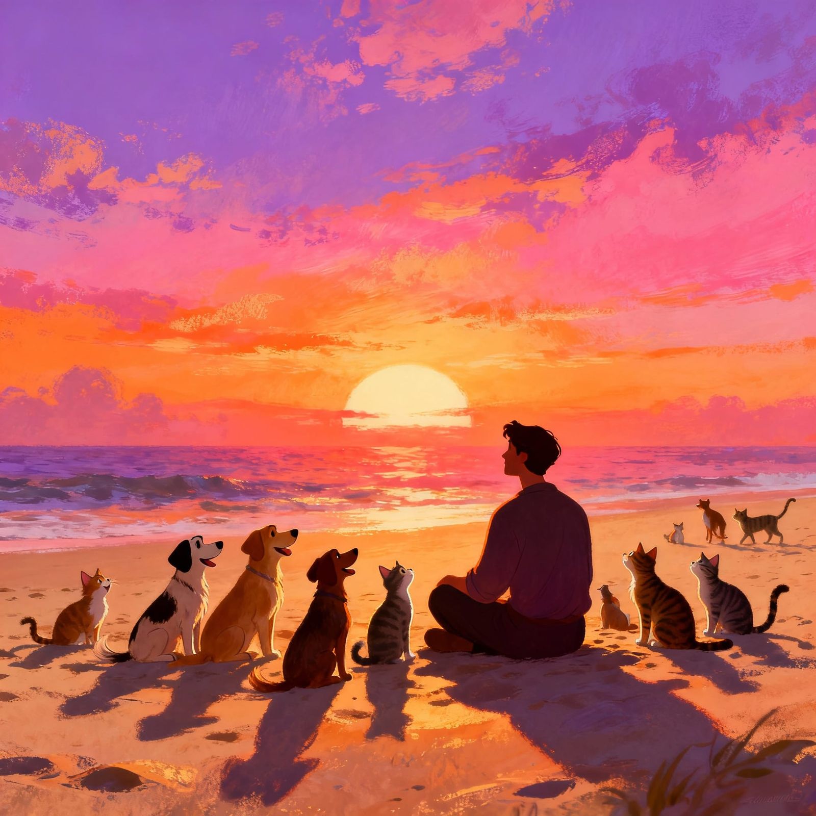 Man with Pets on Beach at Sunset in Storybook Style