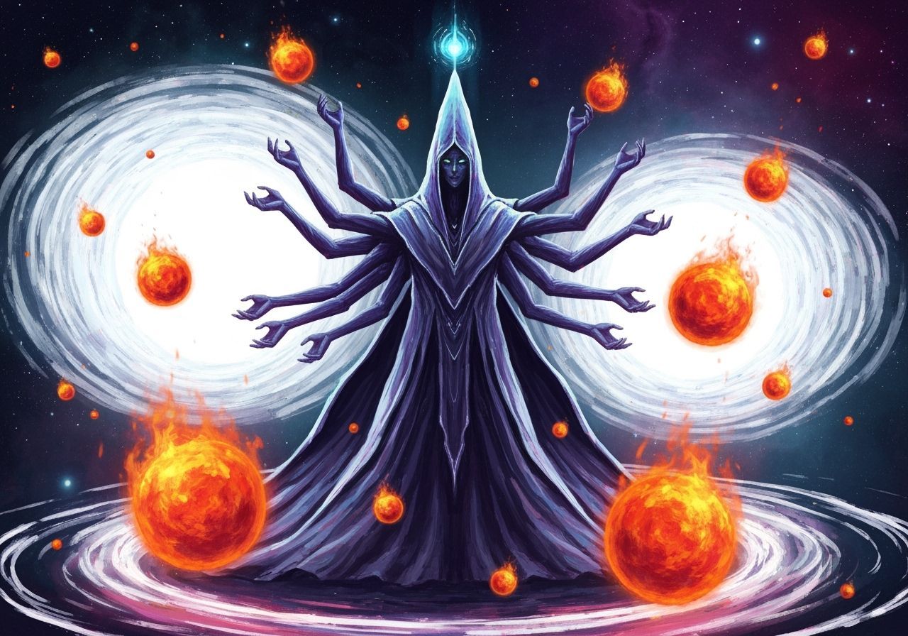 Cosmic Wizard Amidst Swirling Fire Spheres