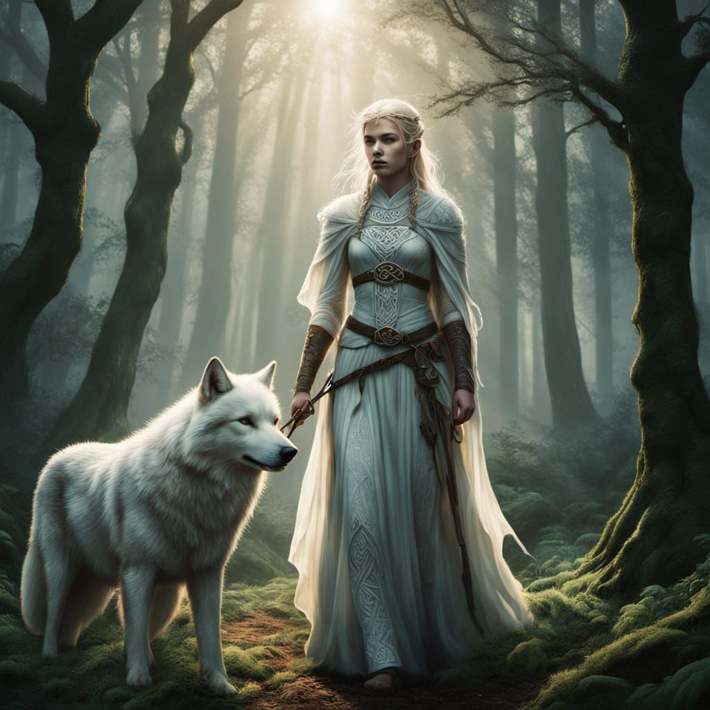 Celtic Huntress and White Wolf in Art Nouveau