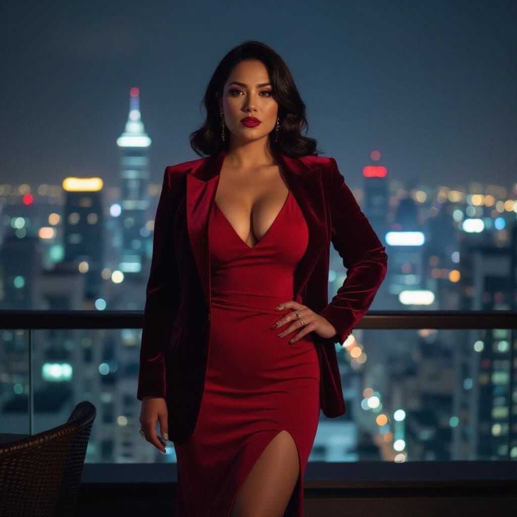 Trans Latina in Crimson Dress Over Cyberpunk Cityscape