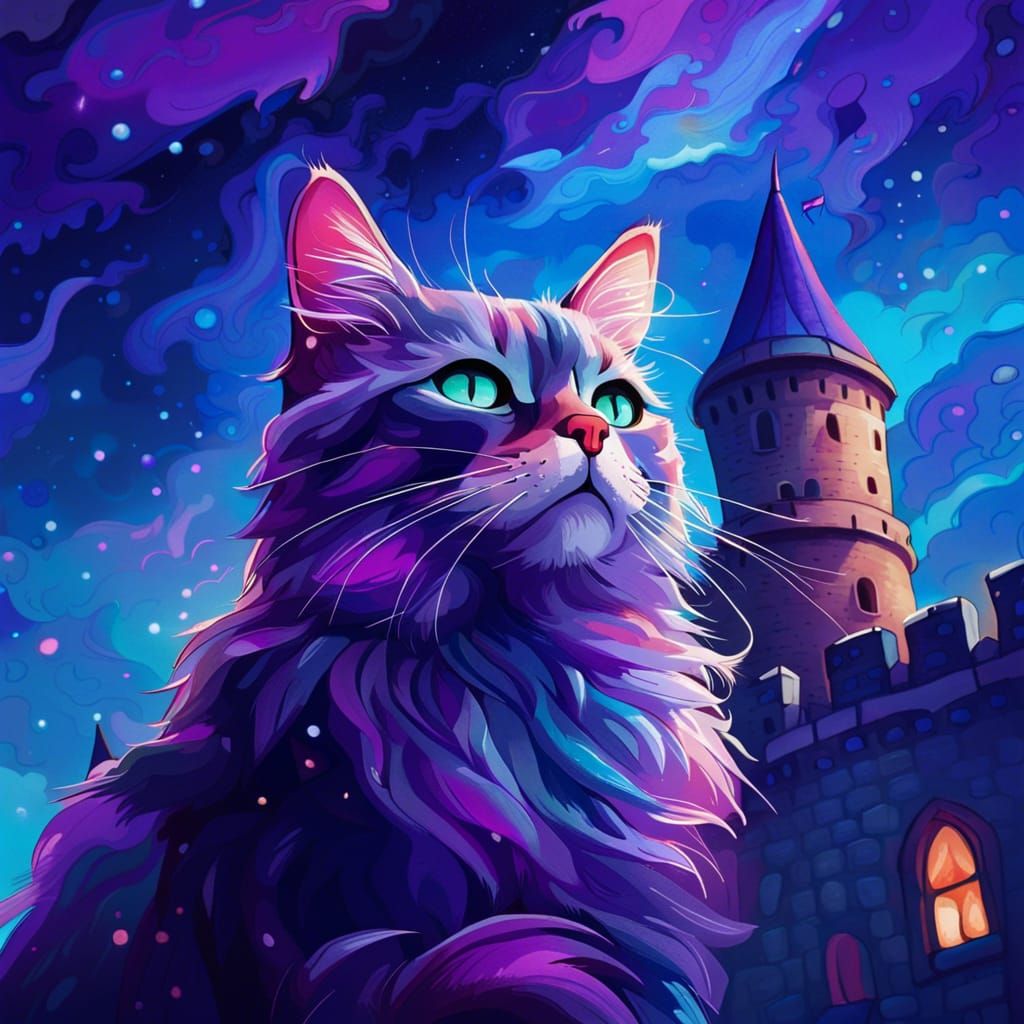 Majestic Cat Gazing at Castle Under Night Sky