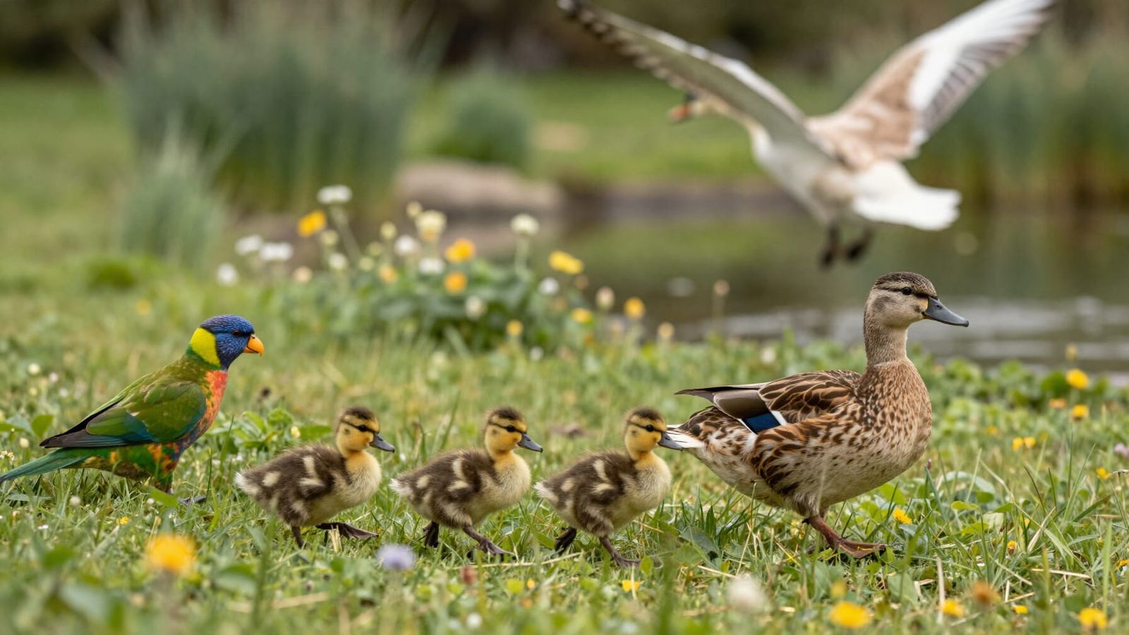 Mother Duck and Ducklings Cross Field in Soft Natural Light