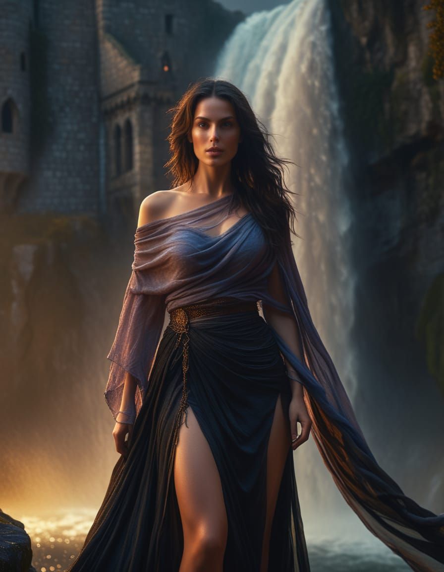 Ethereal Renaissance Woman Amidst Castle Twilight