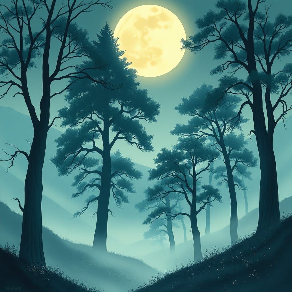 Misty Moonlit Forest Glade in Traditional Japanese and Europ...