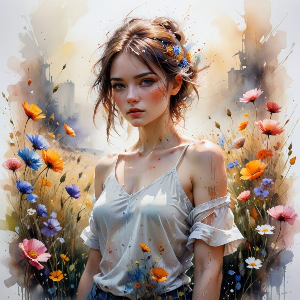 Ethereal Woman in Flower Field: Watercolor Splash Art