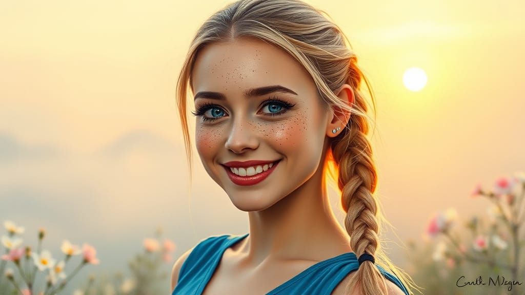 Oil Painting of a Smiling Woman with Freckles and Blue Eyes