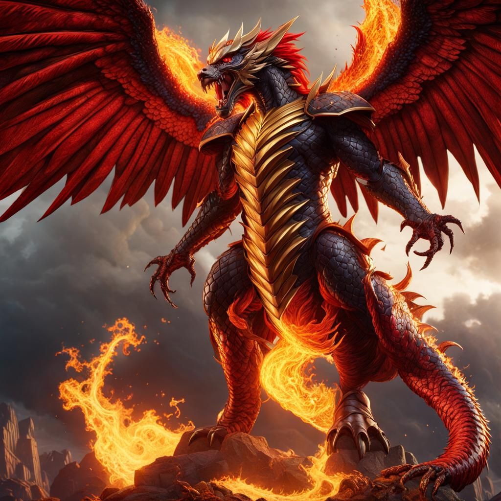 Demonic Dragon-Phoenix Hybrid in a Medieval Style