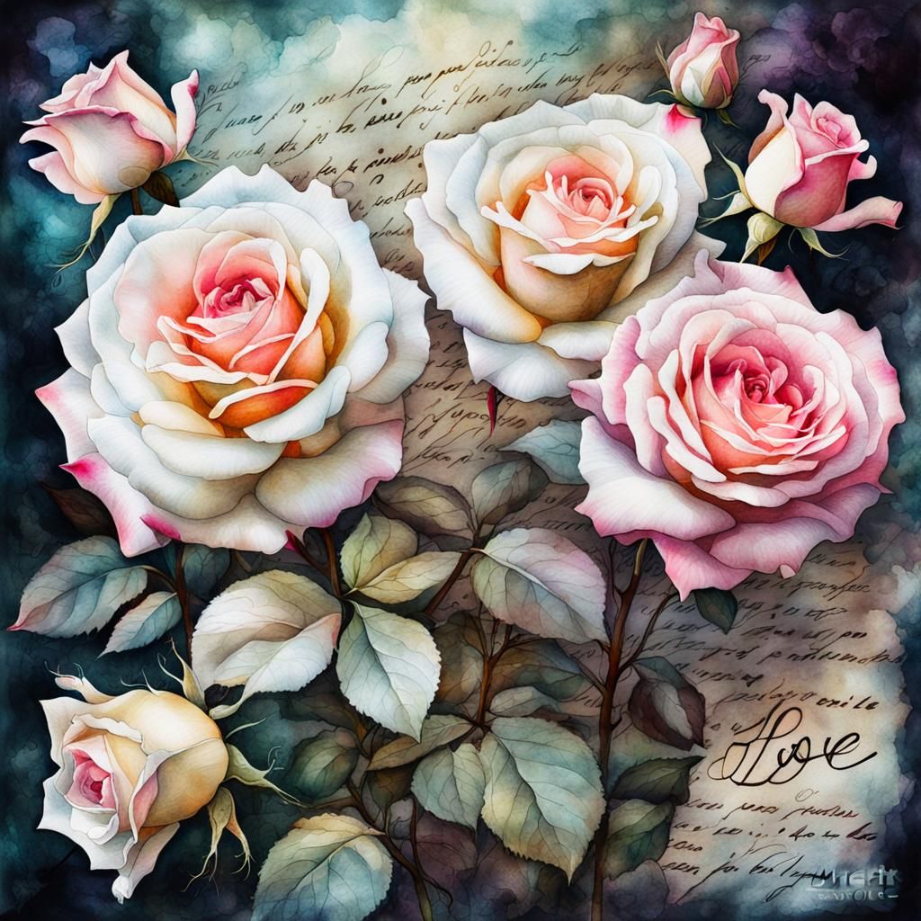 Pink and White Roses with Love Letter in Watercolor