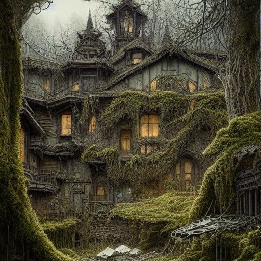 Intricate Mossy Wooden Structure in Digital Painting Style