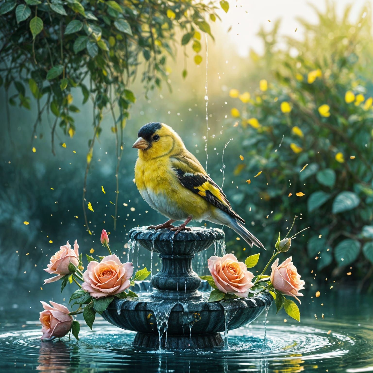 Goldfinch at Golden Hour: Digital Watercolor Fusion