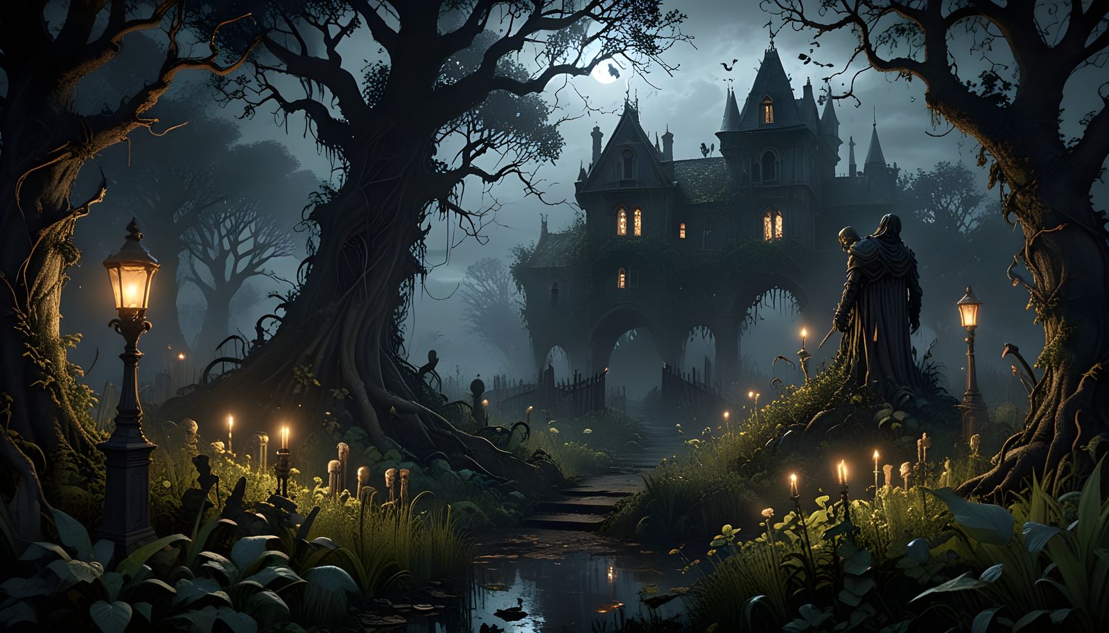 Haunted Overgrown Garden Concept Art at Dusk