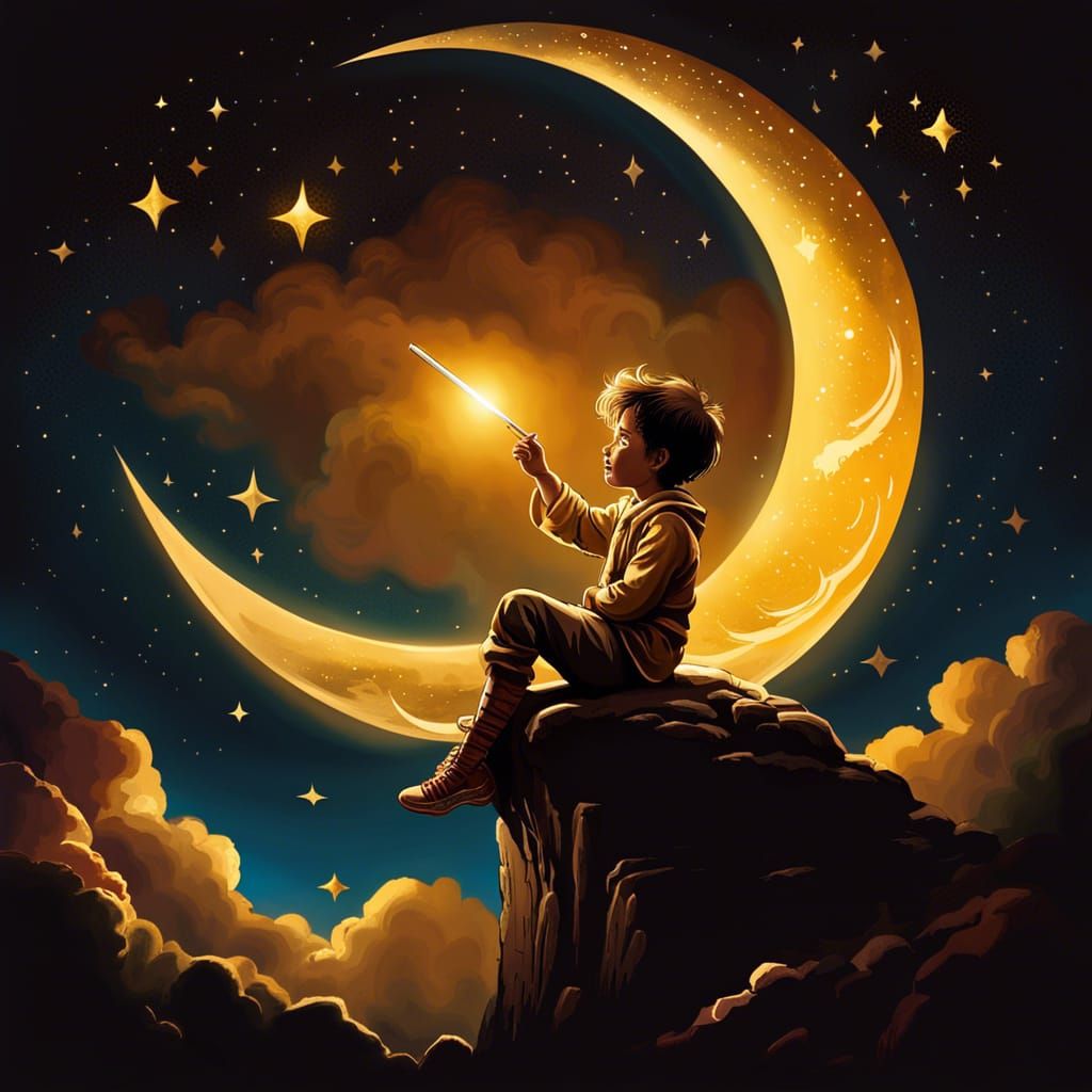 Boy on Moon in Rembrandt Style Digital Art