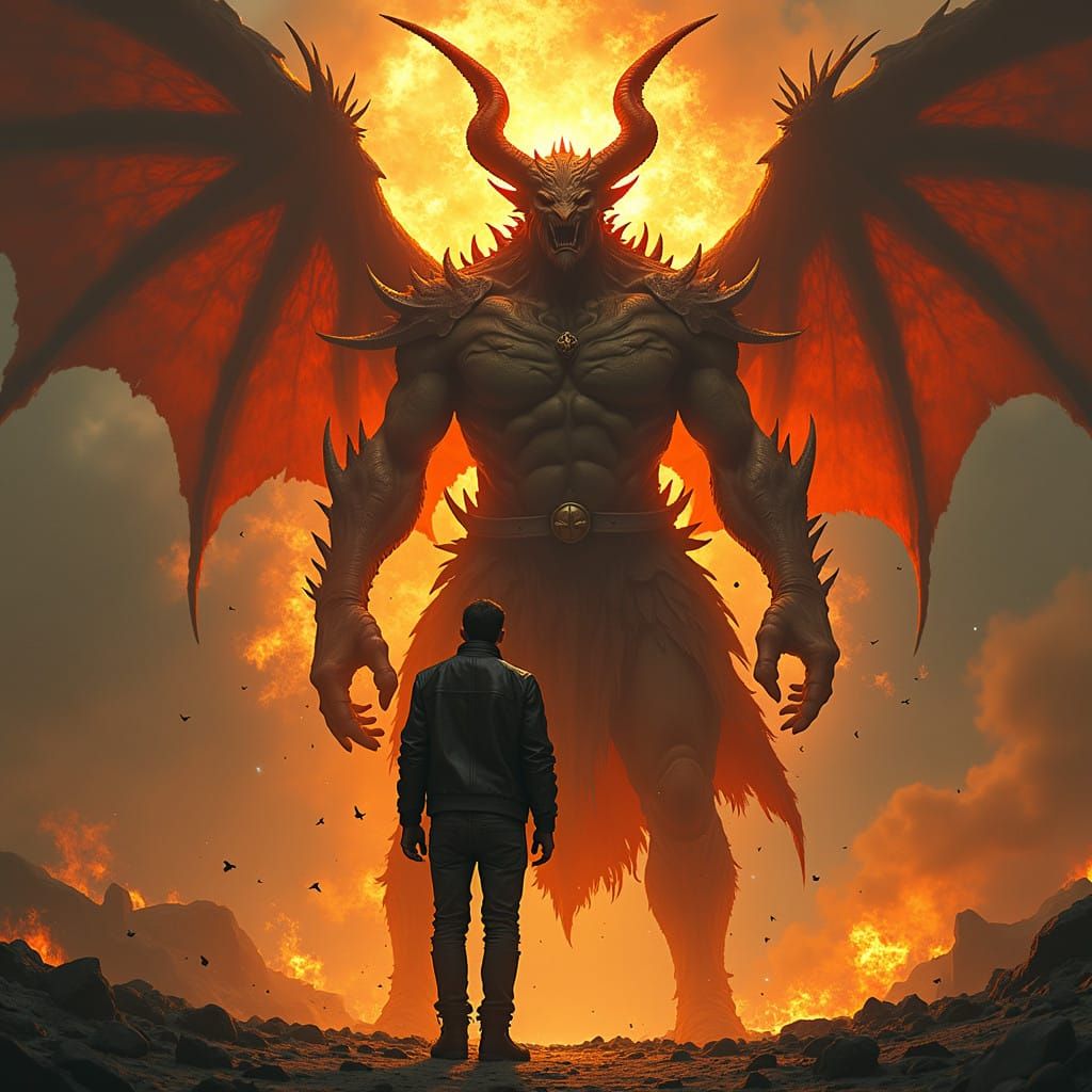 Dark Hero Defies the Fiery Devil in a Haunting Scene