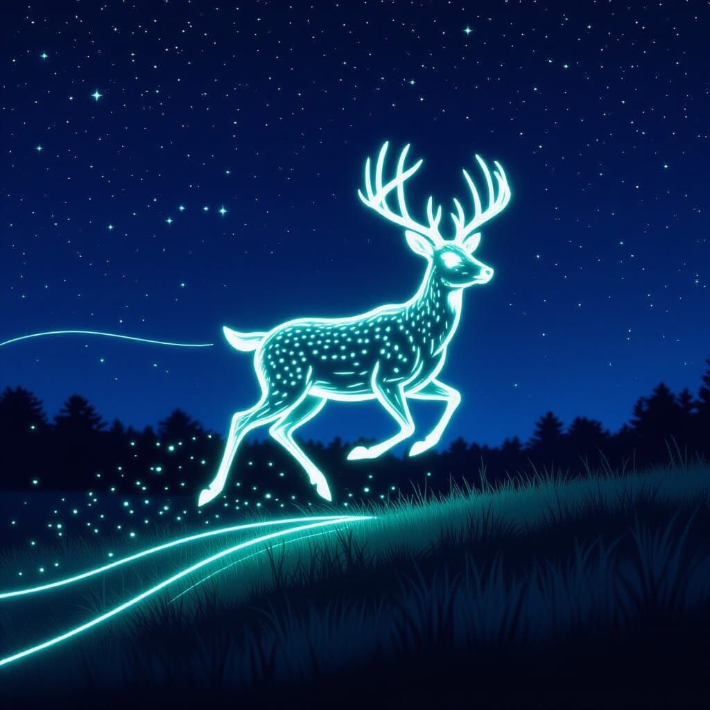 Glowing Deer Runs Through Night Sky