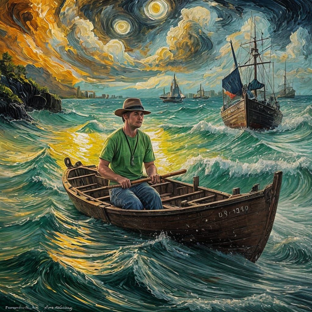 Impasto Oil Painting of a Man on a Vibrant Orange Boat