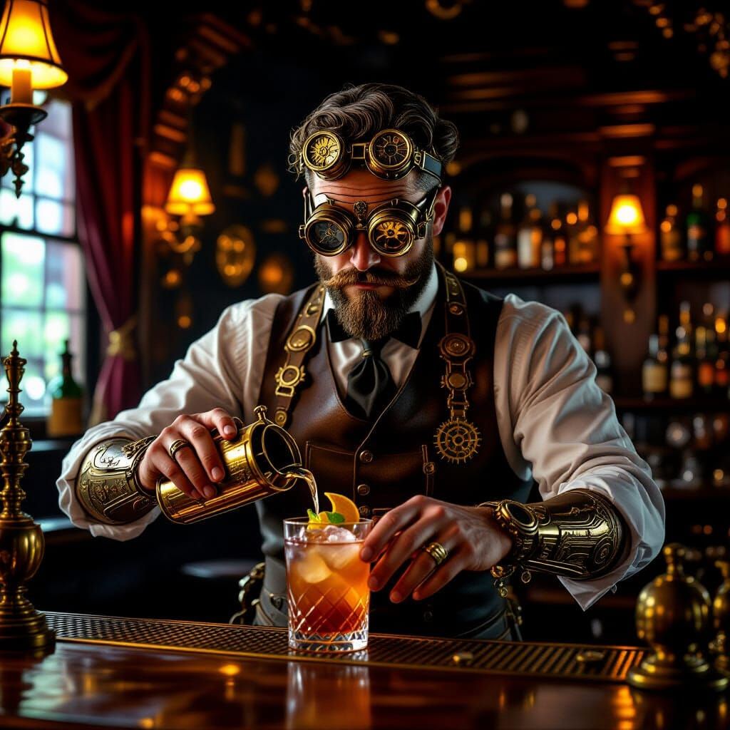 Steampunk Bartender Mixes Cocktail in Victorian Saloon