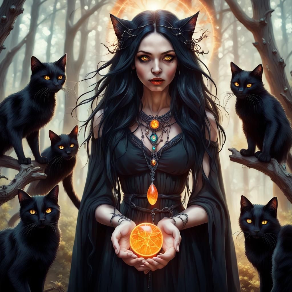 Mysterious Forest Witch Communing with Tree Spirits