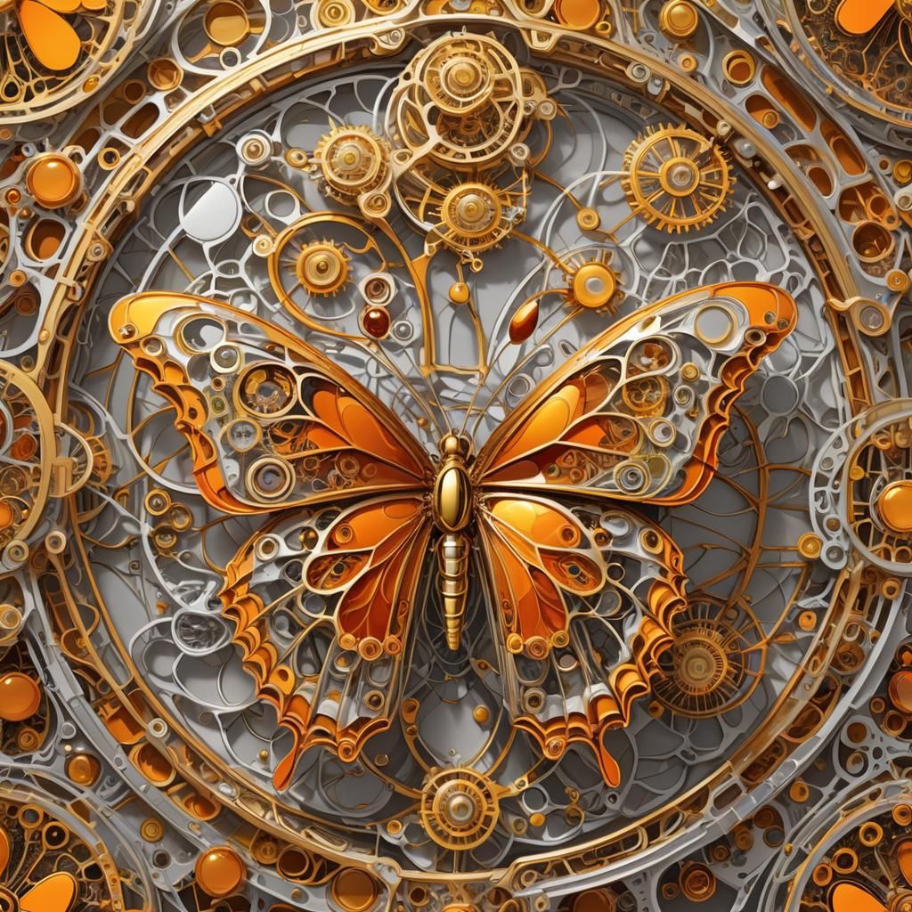 (biomechanical orange butterfly, sideways, electronic elements, filigree gold, complex abstract technologies, morphism o...