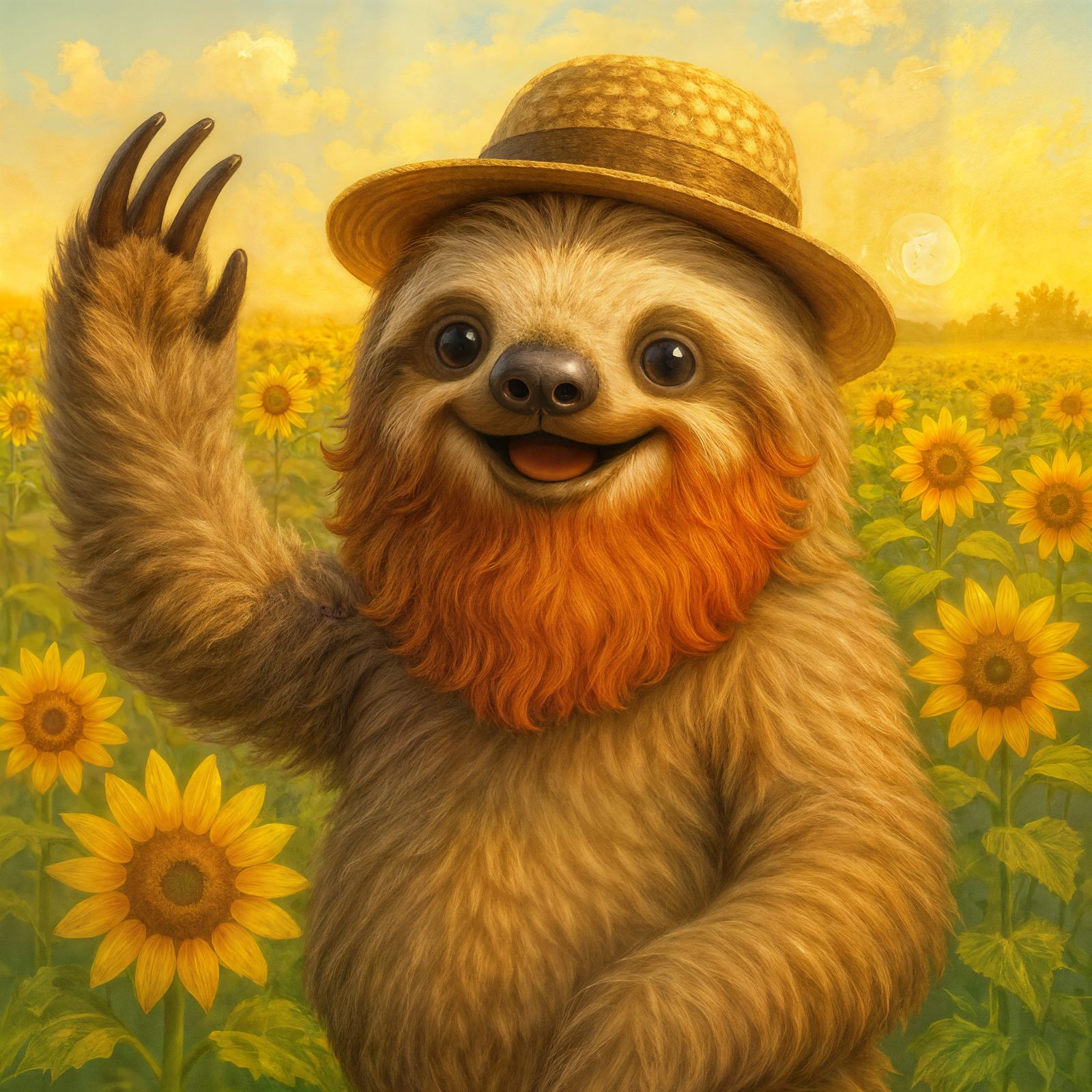 Happy Sloth Waving in Sunflower Field