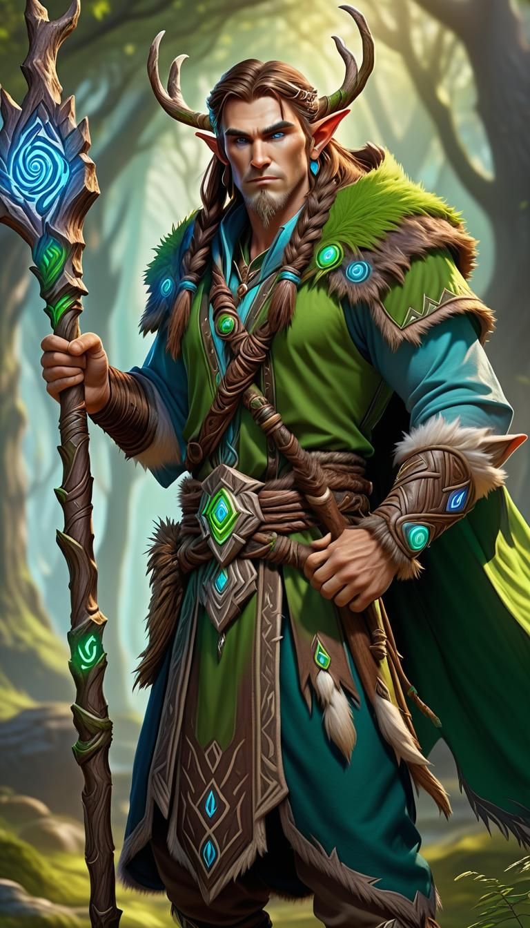 Powerful Elf Druid in Warcraft Style