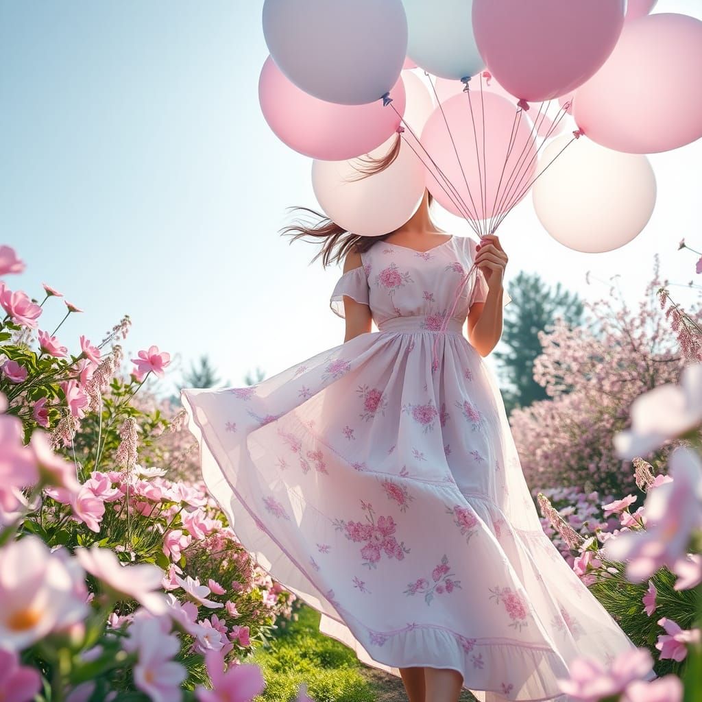 Japanese Woman in Pastel Flower Garden with Balloons