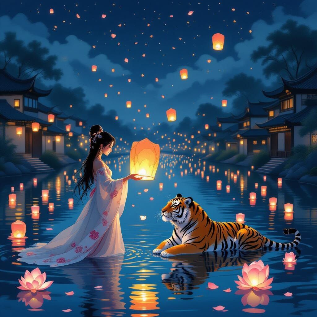 Lantern Festival in Ancient Village, Ink Painting