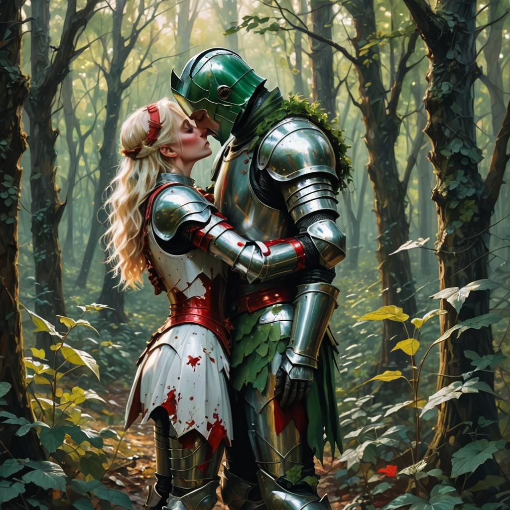 Knights' Passionate Kiss in Dystopian Forest
