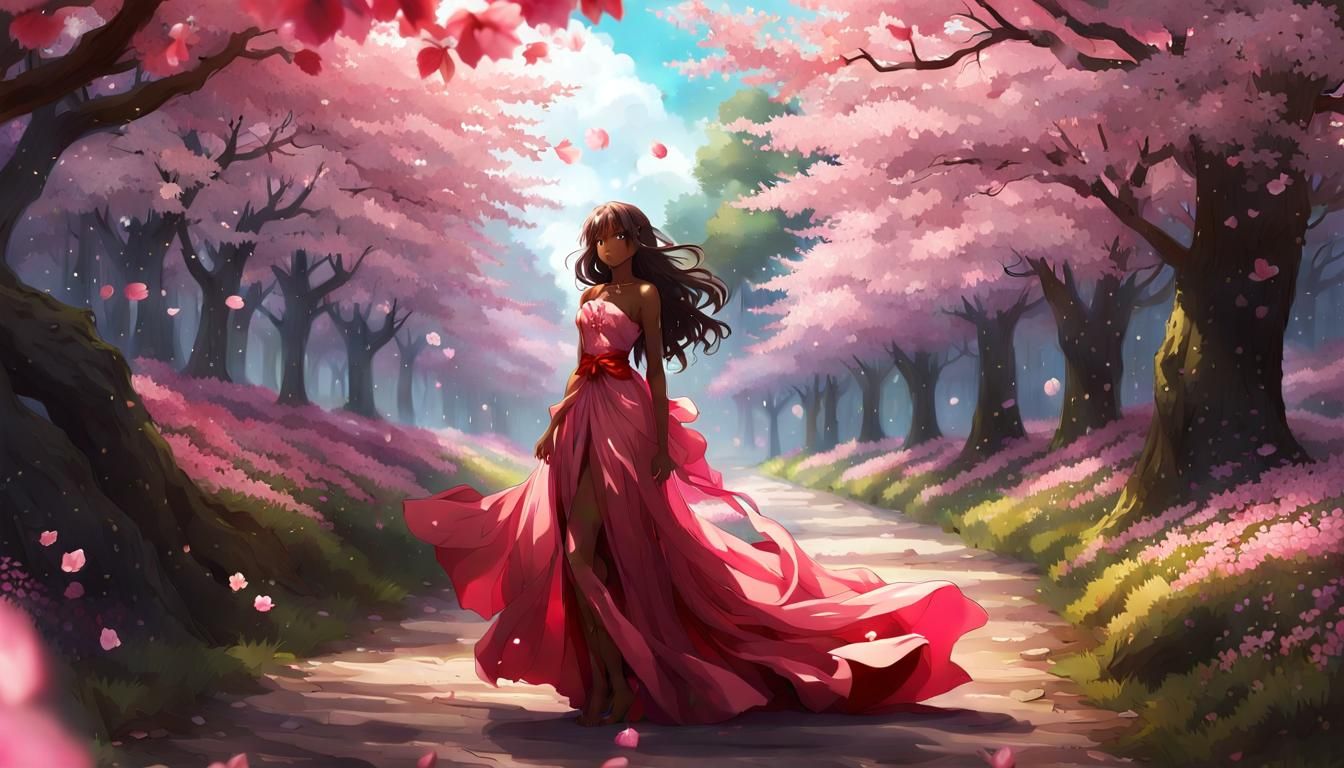 Anime Girl in Cherry Blossom Forest Digital Art