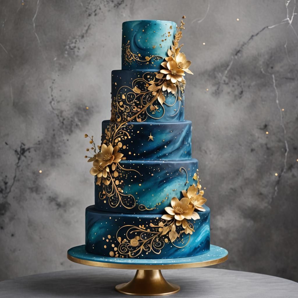 Celestial Wedding Cake with Gold Constellations as Digital A...