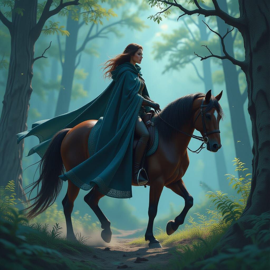 Mystical Forest Rider in Hyper-Realistic Digital Art Style